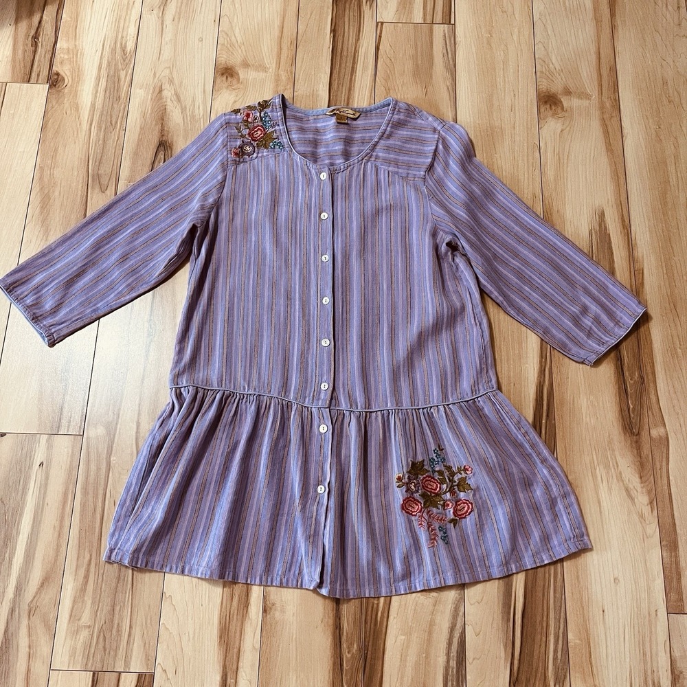 April Cornell Tunic Sz S Purple FloralEmbroidered 3/4 Sleeve Cottagecore Prairie